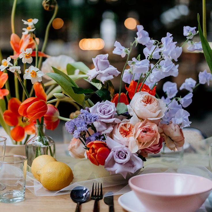 Colourful Spring Wedding Flower Centrepiece with Tulips & Roses